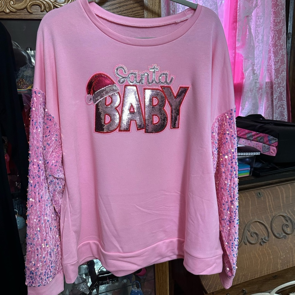 Brand new Santa Baby Pink Sweatshirt with Bling on the sleeves
